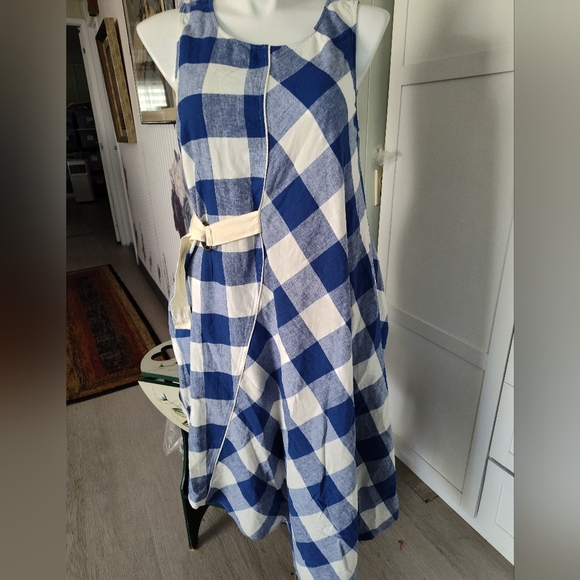 Anthropologie Maeve Belted  Gingham check Cotton Linen Asymmetrical Dress Lg EUC - Picture 4 of 12